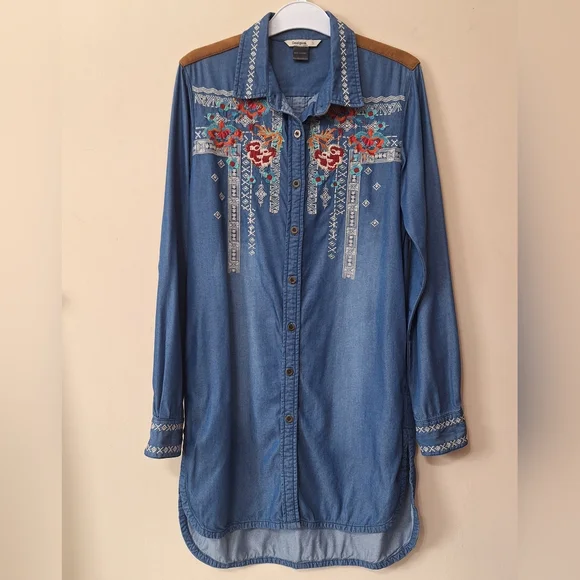 Desigual Lizzy Embroidered Faux Suede Chambray Denim Yoke Shirt Dress S Western - Picture 2 of 10